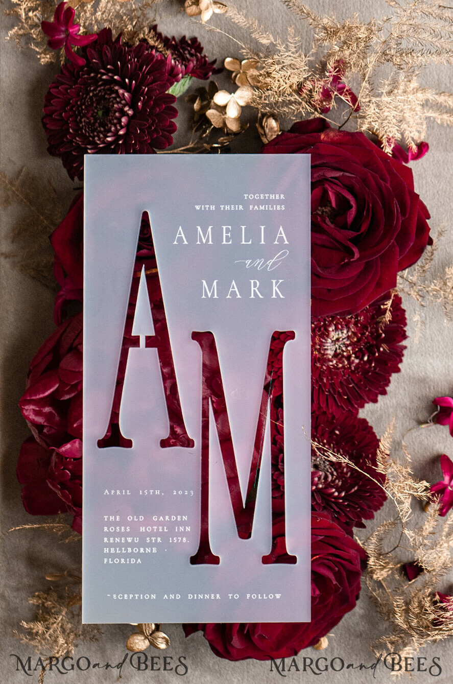 WEDDING INVITATIONS gold / rose gold / silver / glitter Burgundy Wedding invitations cards, Gold Acrylic Glamour Wedding Invitation Suite  Maroon Golden Shine Wedding Stationery Frozen Plexi Luxury Wedding Invites