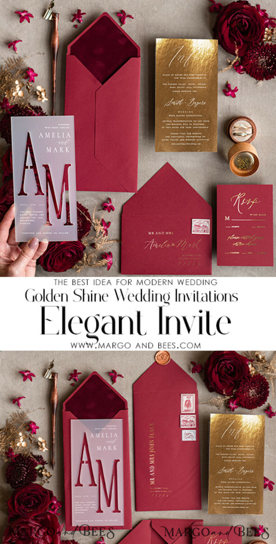 WEDDING INVITATIONS gold / rose gold / silver / glitter Burgundy Wedding invitations cards, Gold Acrylic Glamour Wedding Invitation Suite  Maroon Golden Shine Wedding Stationery Frozen Plexi Luxury Wedding Invites