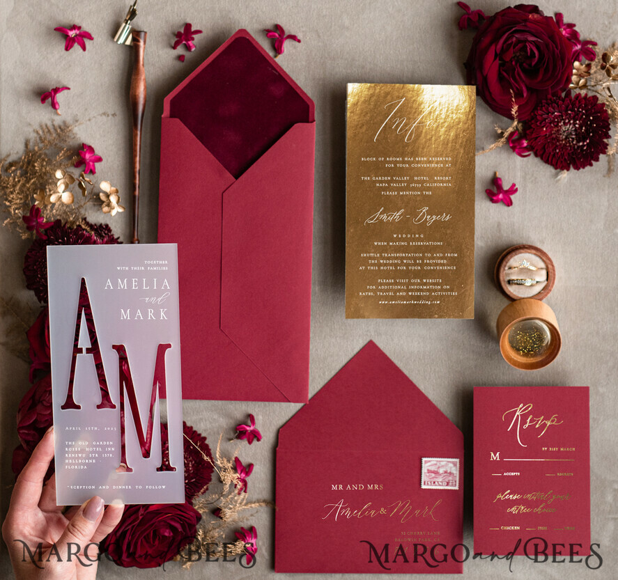 WEDDING INVITATIONS gold / rose gold / silver / glitter Burgundy Wedding invitations cards, Gold Acrylic Glamour Wedding Invitation Suite  Maroon Golden Shine Wedding Stationery Frozen Plexi Luxury Wedding Invites