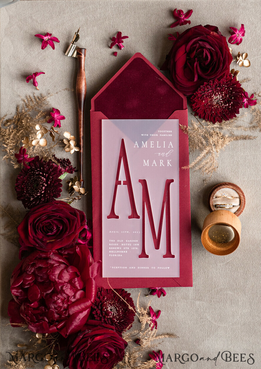 WEDDING INVITATIONS gold / rose gold / silver / glitter Burgundy Wedding invitations cards, Gold Acrylic Glamour Wedding Invitation Suite  Maroon Golden Shine Wedding Stationery Frozen Plexi Luxury Wedding Invites