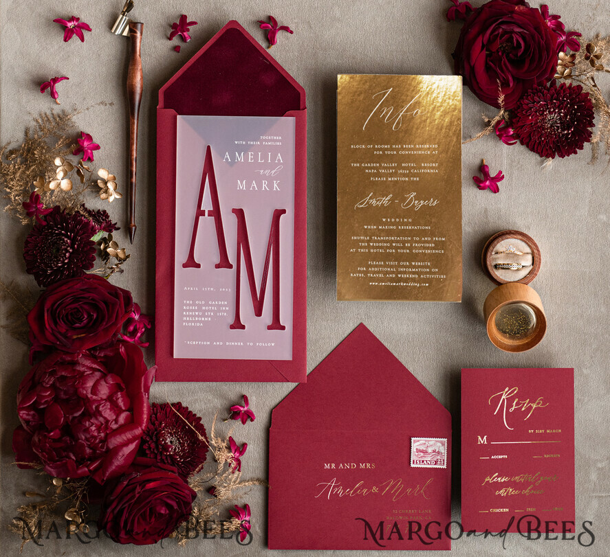 WEDDING INVITATIONS gold / rose gold / silver / glitter Burgundy Wedding invitations cards, Gold Acrylic Glamour Wedding Invitation Suite  Maroon Golden Shine Wedding Stationery Frozen Plexi Luxury Wedding Invites