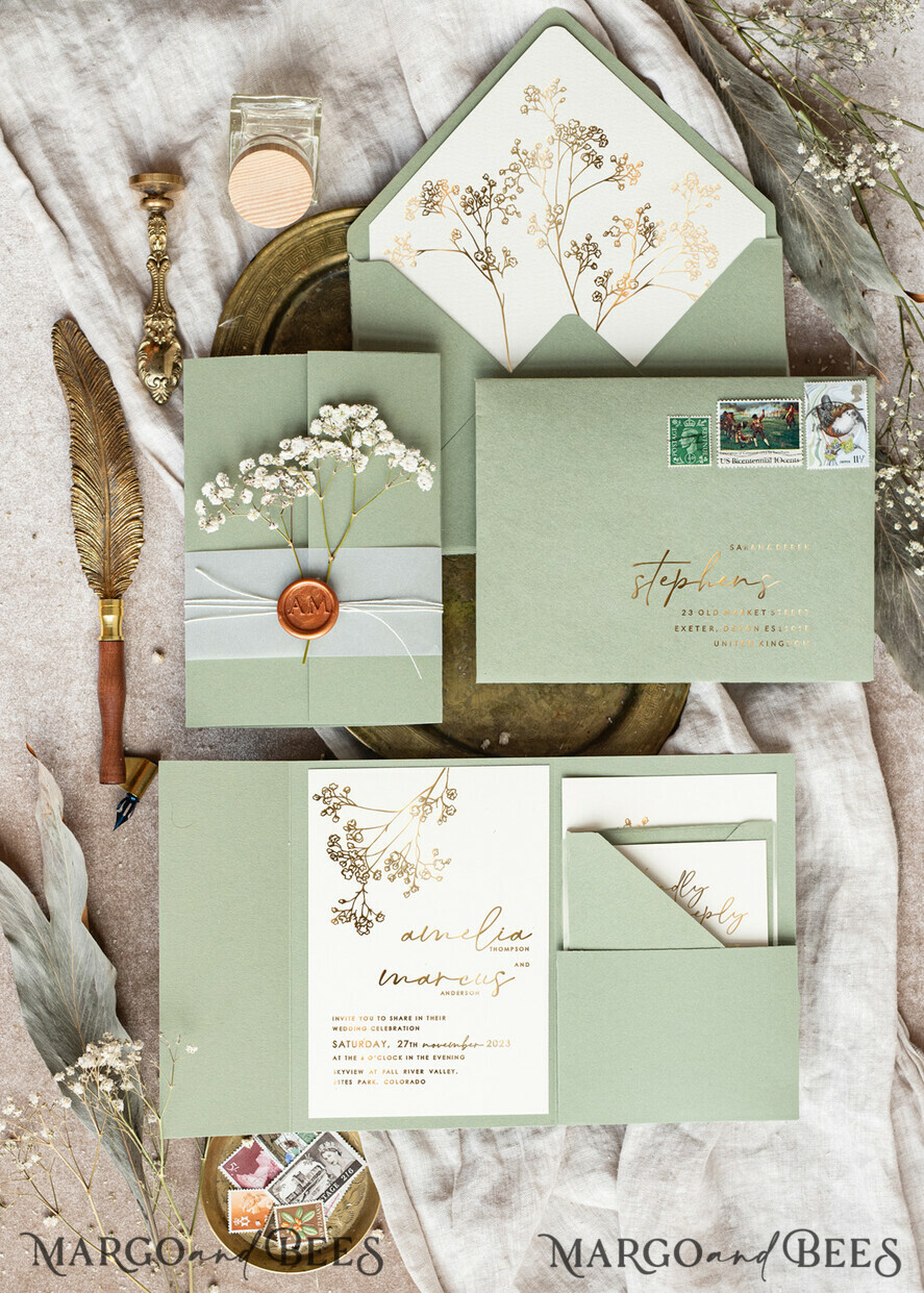 WEDDING INVITATIONS gold / rose gold / silver / glitter Elegant goldwedding inviation set, Natural baby breath flower wedding invitation suite, Minimalistic gold wedding suite, Green invitation set with pocket