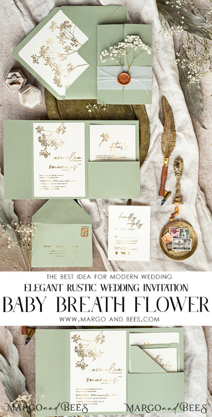 WEDDING INVITATIONS gold / rose gold / silver / glitter Elegant goldwedding inviation set, Natural baby breath flower wedding invitation suite, Minimalistic gold wedding suite, Green invitation set with pocket