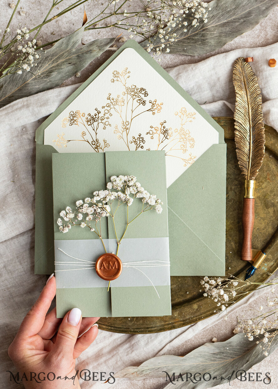 WEDDING INVITATIONS gold / rose gold / silver / glitter Elegant goldwedding inviation set, Natural baby breath flower wedding invitation suite, Minimalistic gold wedding suite, Green invitation set with pocket