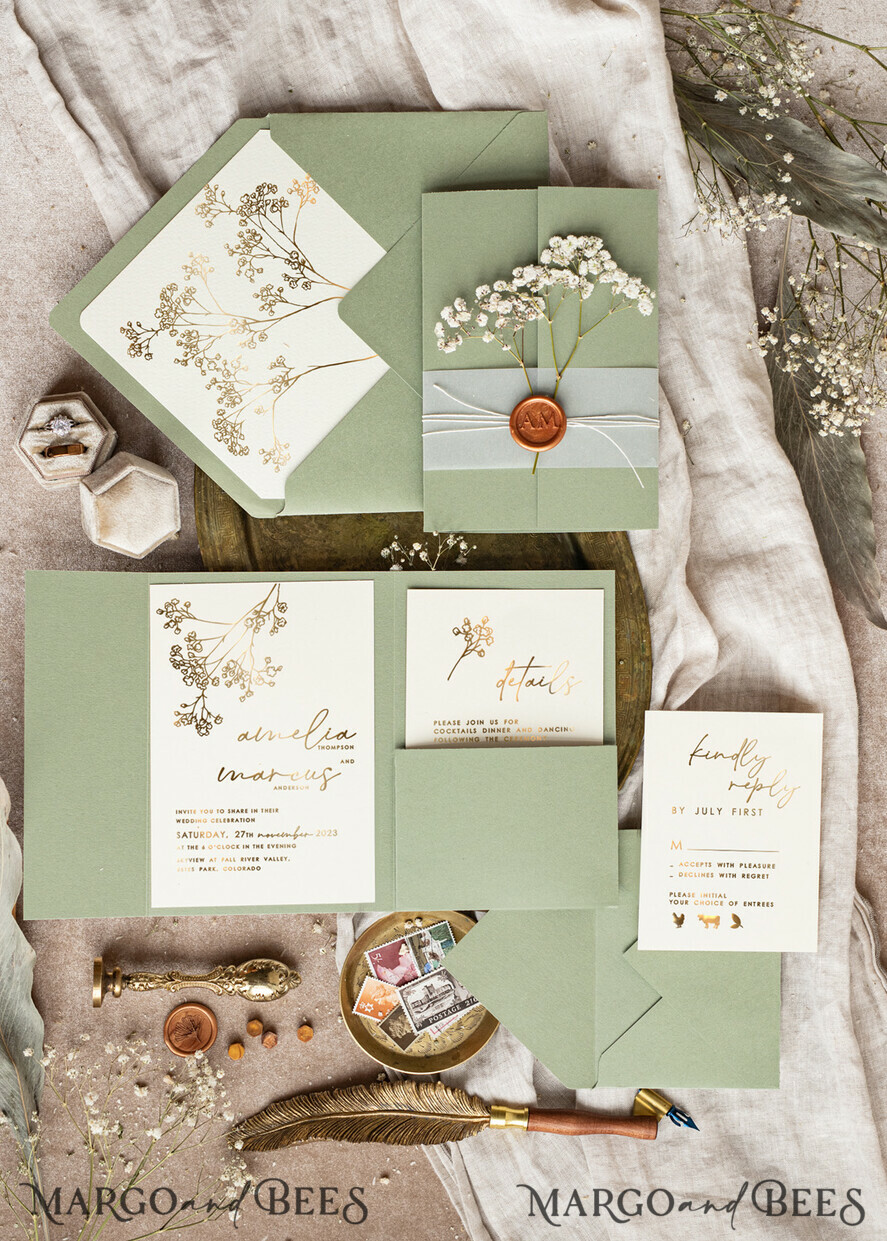 WEDDING INVITATIONS gold / rose gold / silver / glitter Elegant goldwedding inviation set, Natural baby breath flower wedding invitation suite, Minimalistic gold wedding suite, Green invitation set with pocket