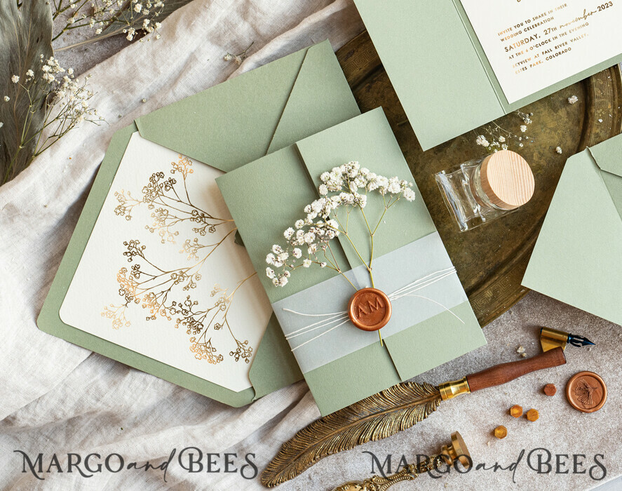 WEDDING INVITATIONS gold / rose gold / silver / glitter Elegant goldwedding inviation set, Natural baby breath flower wedding invitation suite, Minimalistic gold wedding suite, Green invitation set with pocket