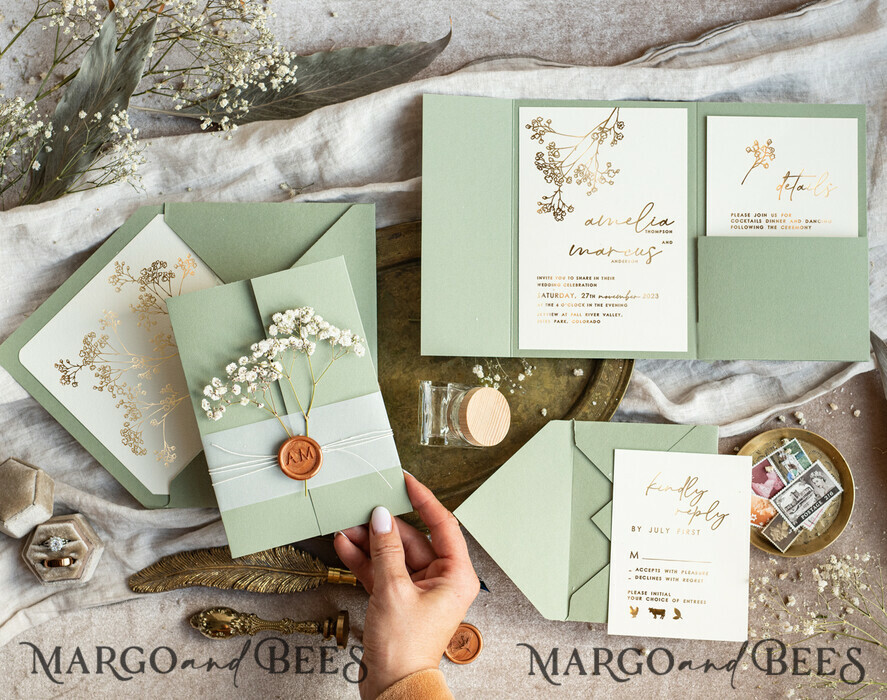 WEDDING INVITATIONS gold / rose gold / silver / glitter Elegant goldwedding inviation set, Natural baby breath flower wedding invitation suite, Minimalistic gold wedding suite, Green invitation set with pocket