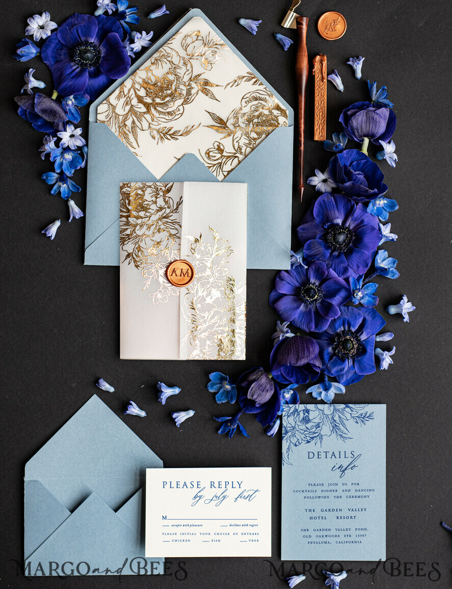 WEDDING INVITATIONS gold / rose gold / silver / glitter  Acrylic wedding invitations, Glamour  Ice Blue and Gold Wedding Invitations, Golden Wax Seal Wedding Invitation Suite, Luxury Wedding Cards Light Blue