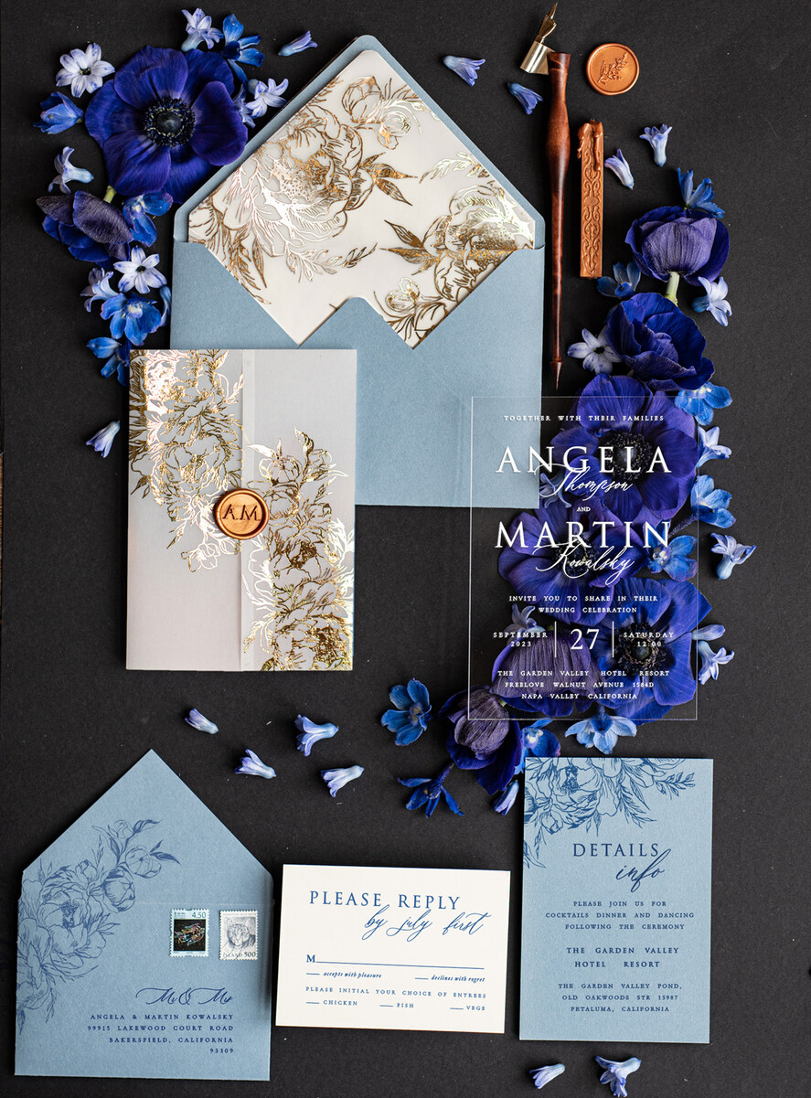WEDDING INVITATIONS gold / rose gold / silver / glitter  Acrylic wedding invitations, Glamour  Ice Blue and Gold Wedding Invitations, Golden Wax Seal Wedding Invitation Suite, Luxury Wedding Cards Light Blue