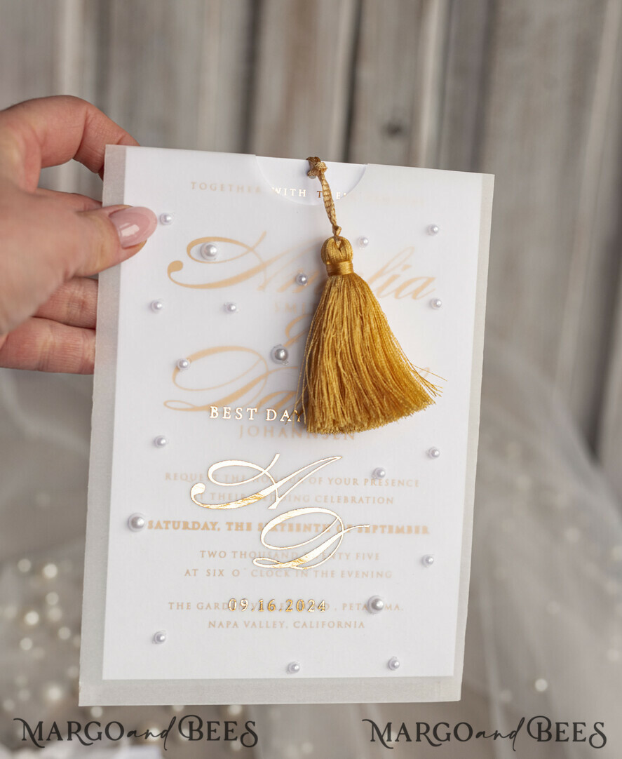 WEDDING INVITATIONS gold / rose gold / silver / glitter beaded bespoke Elegant pure white Gold Wedding Invitation Suite, Beaded Perls Wedding Cards, luxury Wedding Stationery, golden tassel, vellum beaded etui with your monogram