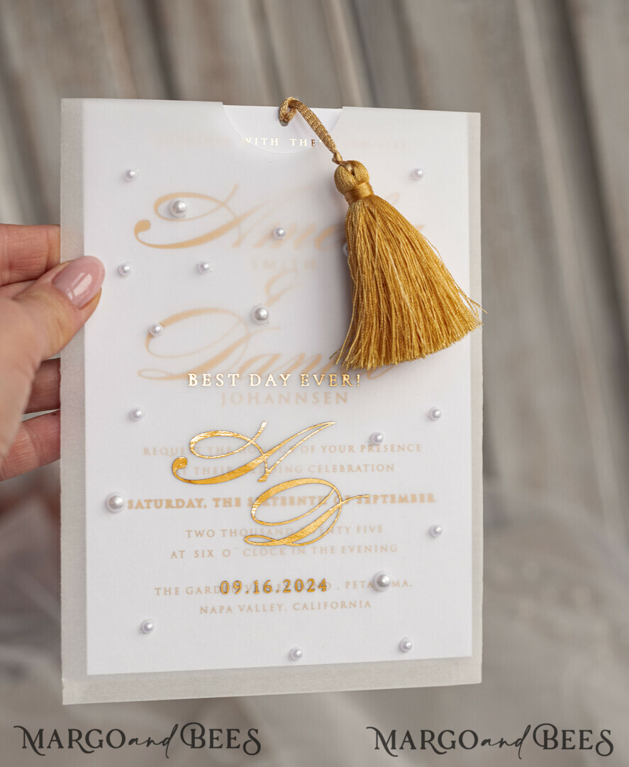 WEDDING INVITATIONS gold / rose gold / silver / glitter beaded bespoke Elegant pure white Gold Wedding Invitation Suite, Beaded Perls Wedding Cards, luxury Wedding Stationery, golden tassel, vellum beaded etui with your monogram