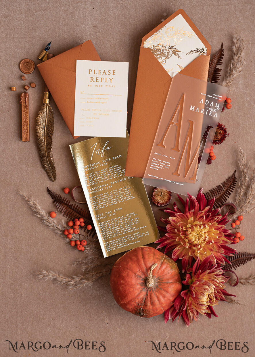 WEDDING INVITATIONS gold / rose gold / silver / glitter Fall Acrylic Frozen Wedding invitation suite, Terracotta Gold Boho Glam Wedding Invitations, Golden Shine Wedding Invitates, Elegant Gold Wedding Cards