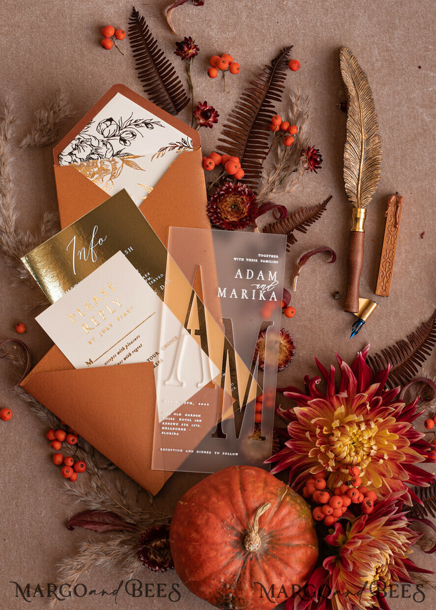 WEDDING INVITATIONS gold / rose gold / silver / glitter Fall Acrylic Frozen Wedding invitation suite, Terracotta Gold Boho Glam Wedding Invitations, Golden Shine Wedding Invitates, Elegant Gold Wedding Cards