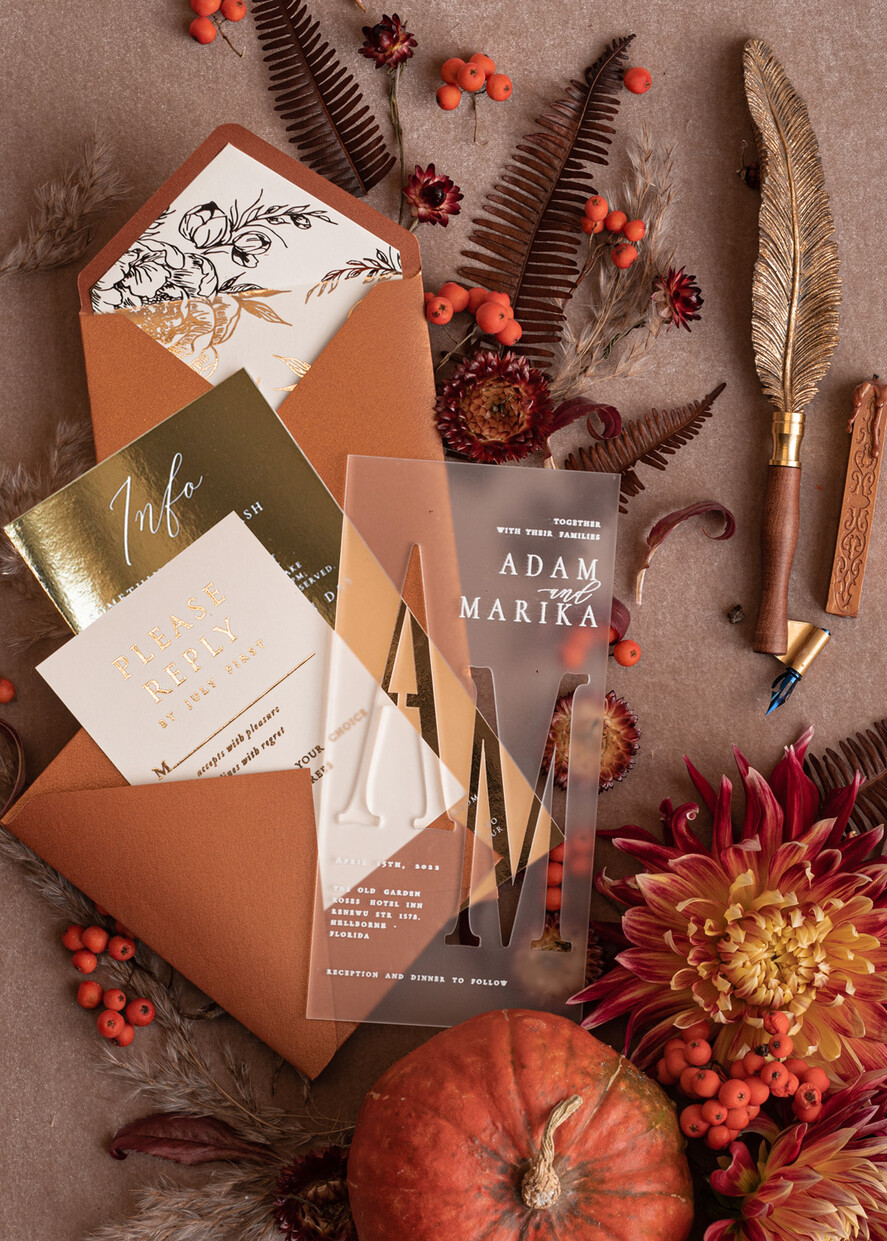 WEDDING INVITATIONS gold / rose gold / silver / glitter Fall Acrylic Frozen Wedding invitation suite, Terracotta Gold Boho Glam Wedding Invitations, Golden Shine Wedding Invitates, Elegant Gold Wedding Cards