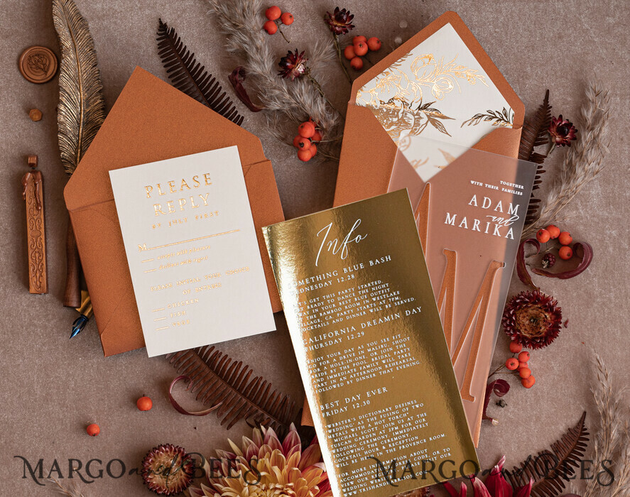 WEDDING INVITATIONS gold / rose gold / silver / glitter Fall Acrylic Frozen Wedding invitation suite, Terracotta Gold Boho Glam Wedding Invitations, Golden Shine Wedding Invitates, Elegant Gold Wedding Cards