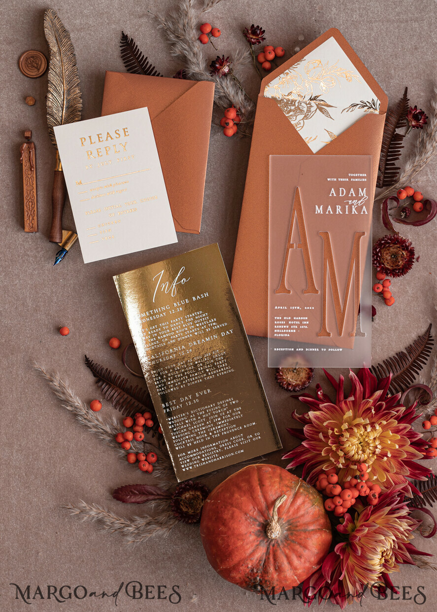 WEDDING INVITATIONS gold / rose gold / silver / glitter Fall Acrylic Frozen Wedding invitation suite, Terracotta Gold Boho Glam Wedding Invitations, Golden Shine Wedding Invitates, Elegant Gold Wedding Cards