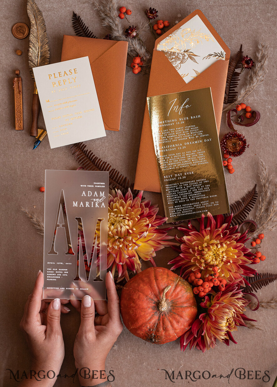 WEDDING INVITATIONS gold / rose gold / silver / glitter Fall Acrylic Frozen Wedding invitation suite, Terracotta Gold Boho Glam Wedding Invitations, Golden Shine Wedding Invitates, Elegant Gold Wedding Cards