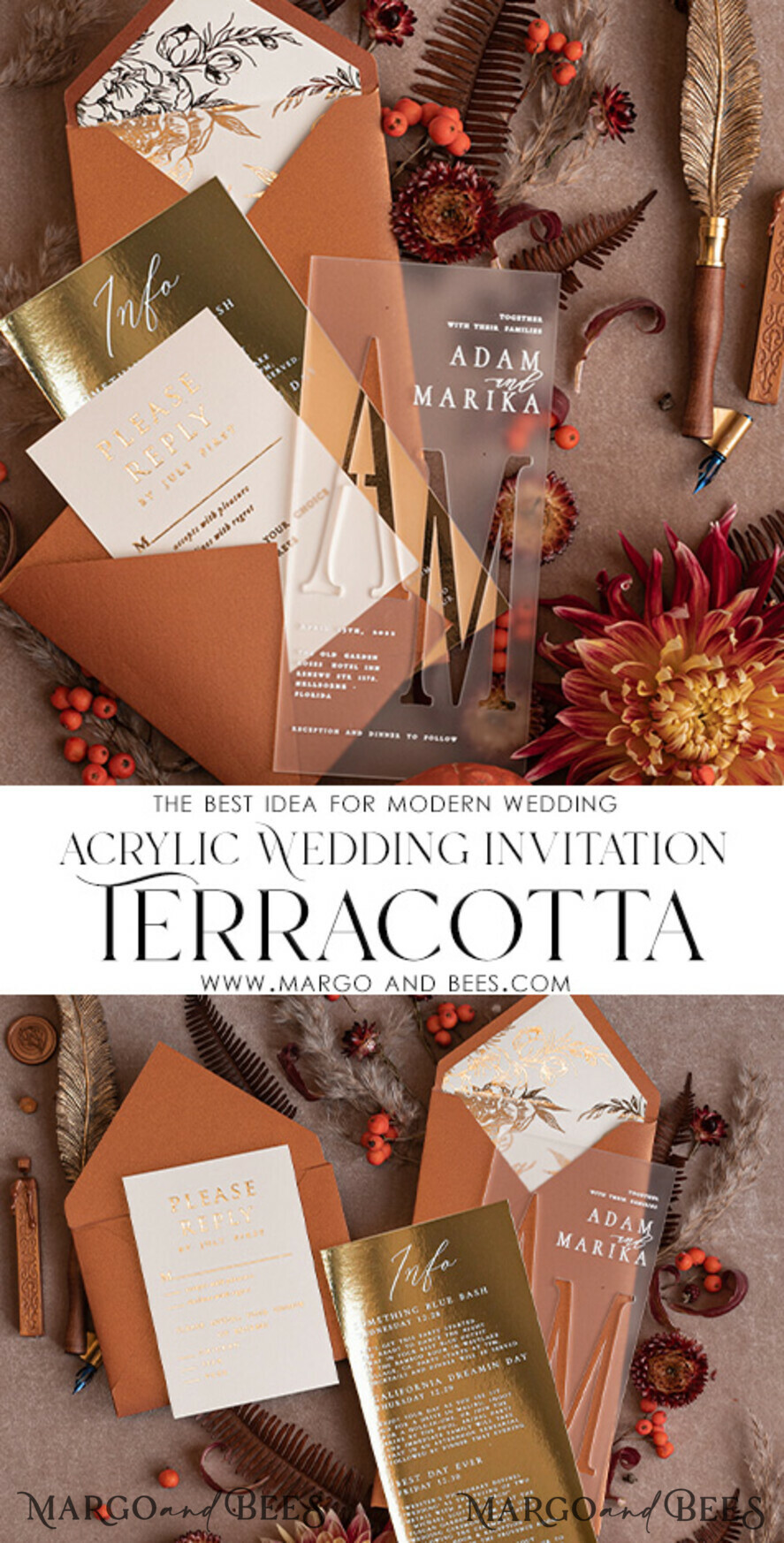 WEDDING INVITATIONS gold / rose gold / silver / glitter Fall Acrylic Frozen Wedding invitation suite, Terracotta Gold Boho Glam Wedding Invitations, Golden Shine Wedding Invitates, Elegant Gold Wedding Cards