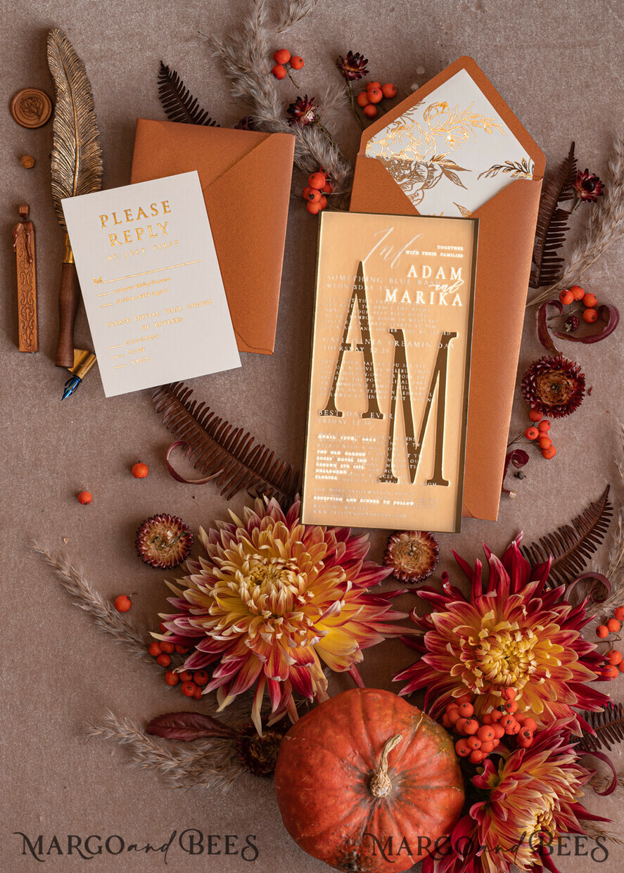 WEDDING INVITATIONS gold / rose gold / silver / glitter Fall Acrylic Frozen Wedding invitation suite, Terracotta Gold Boho Glam Wedding Invitations, Golden Shine Wedding Invitates, Elegant Gold Wedding Cards
