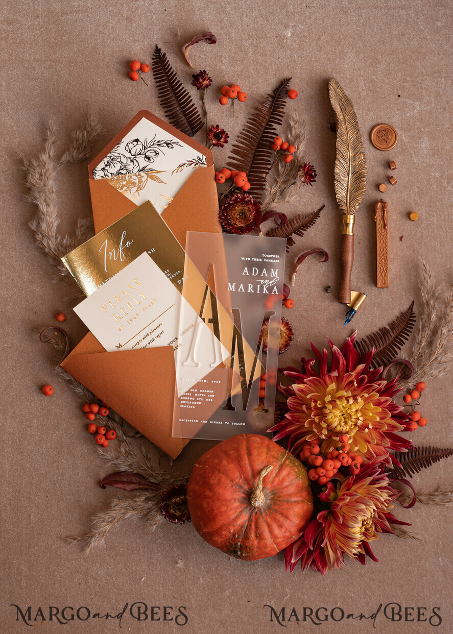 WEDDING INVITATIONS gold / rose gold / silver / glitter Fall Acrylic Frozen Wedding invitation suite, Terracotta Gold Boho Glam Wedding Invitations, Golden Shine Wedding Invitates, Elegant Gold Wedding Cards