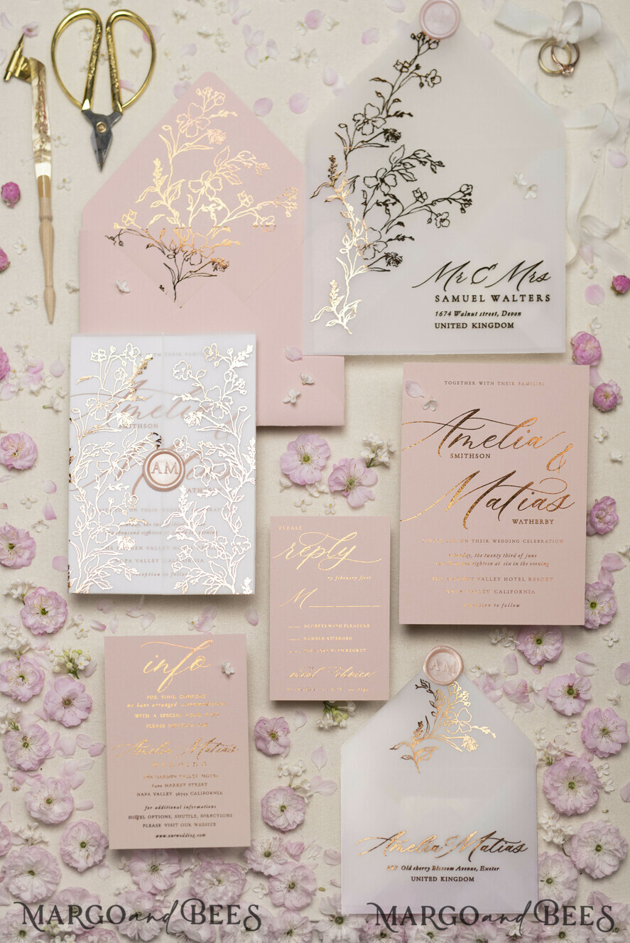 copper foil invitation wedding invites personalised Pink wedding invitations 