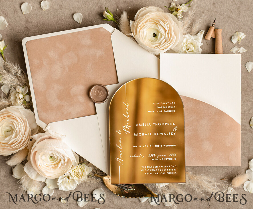 WEDDING INVITATIONS gold / rose gold / silver / glitter Luxury Arch Gold Acrylic wedding invitation suite, Velvet Pocket beige Wedding Invites, Glamour Wedding Invitations