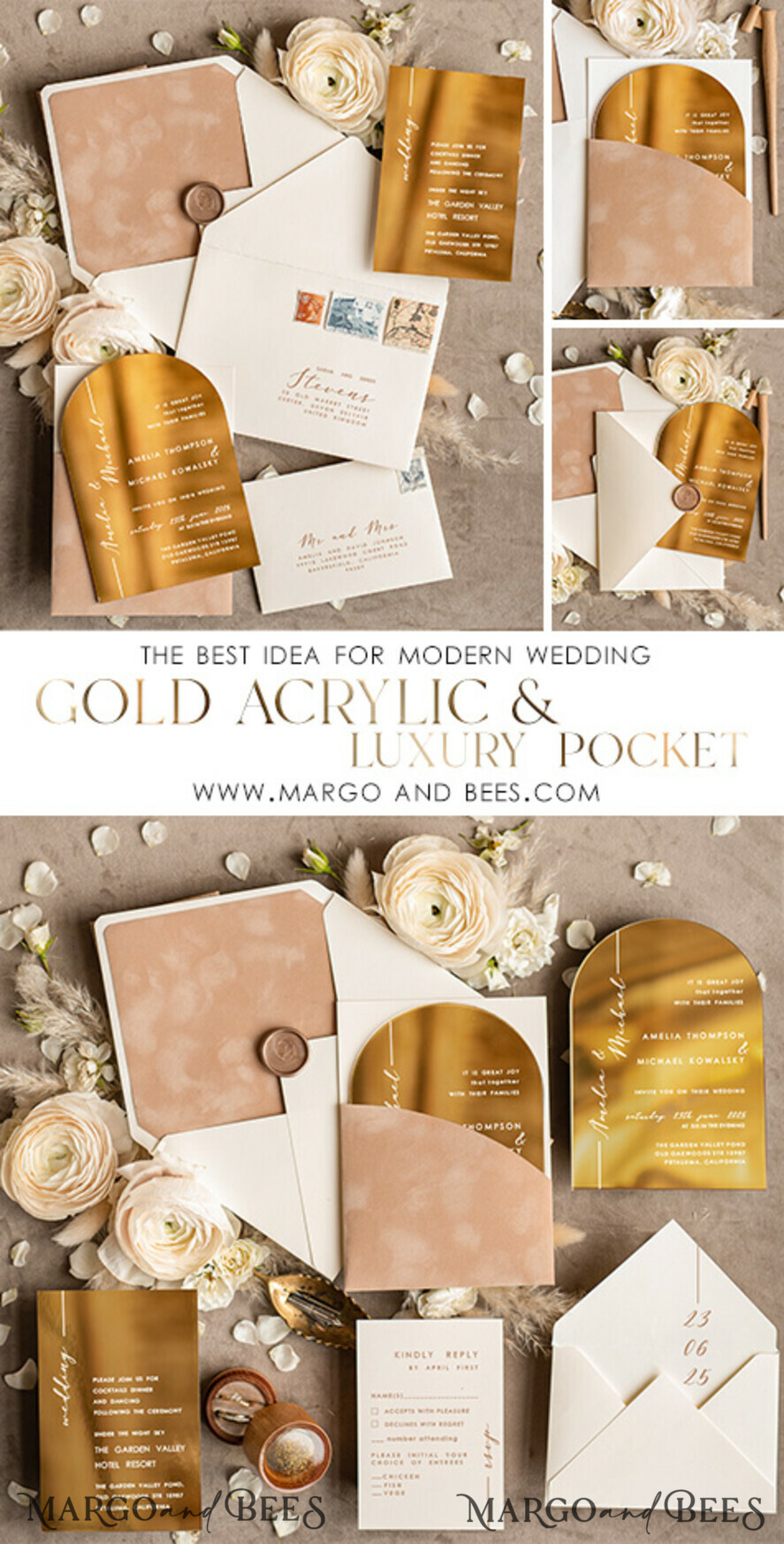 WEDDING INVITATIONS gold / rose gold / silver / glitter Luxury Arch Gold Acrylic wedding invitation suite, Velvet Pocket beige Wedding Invites, Glamour Wedding Invitations