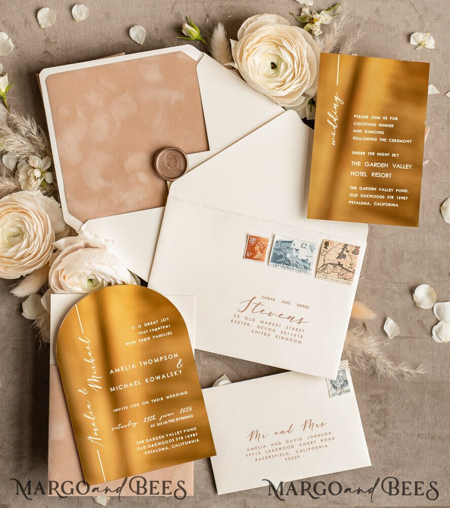 WEDDING INVITATIONS gold / rose gold / silver / glitter Luxury Arch Gold Acrylic wedding invitation suite, Velvet Pocket beige Wedding Invites, Glamour Wedding Invitations