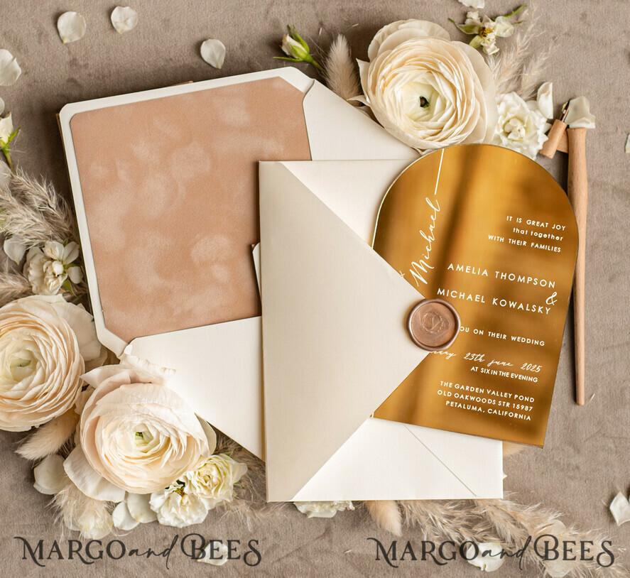 WEDDING INVITATIONS gold / rose gold / silver / glitter Luxury Arch Gold Acrylic wedding invitation suite, Velvet Pocket beige Wedding Invites, Glamour Wedding Invitations