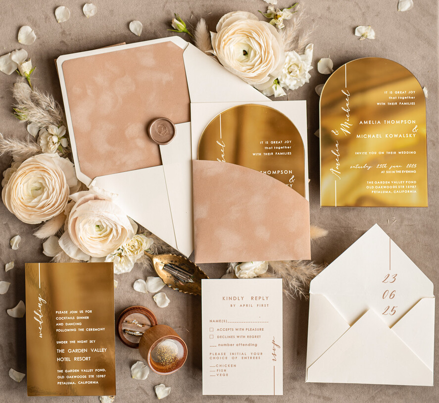 WEDDING INVITATIONS gold / rose gold / silver / glitter Luxury Arch Gold Acrylic wedding invitation suite, Velvet Pocket beige Wedding Invites, Glamour Wedding Invitations