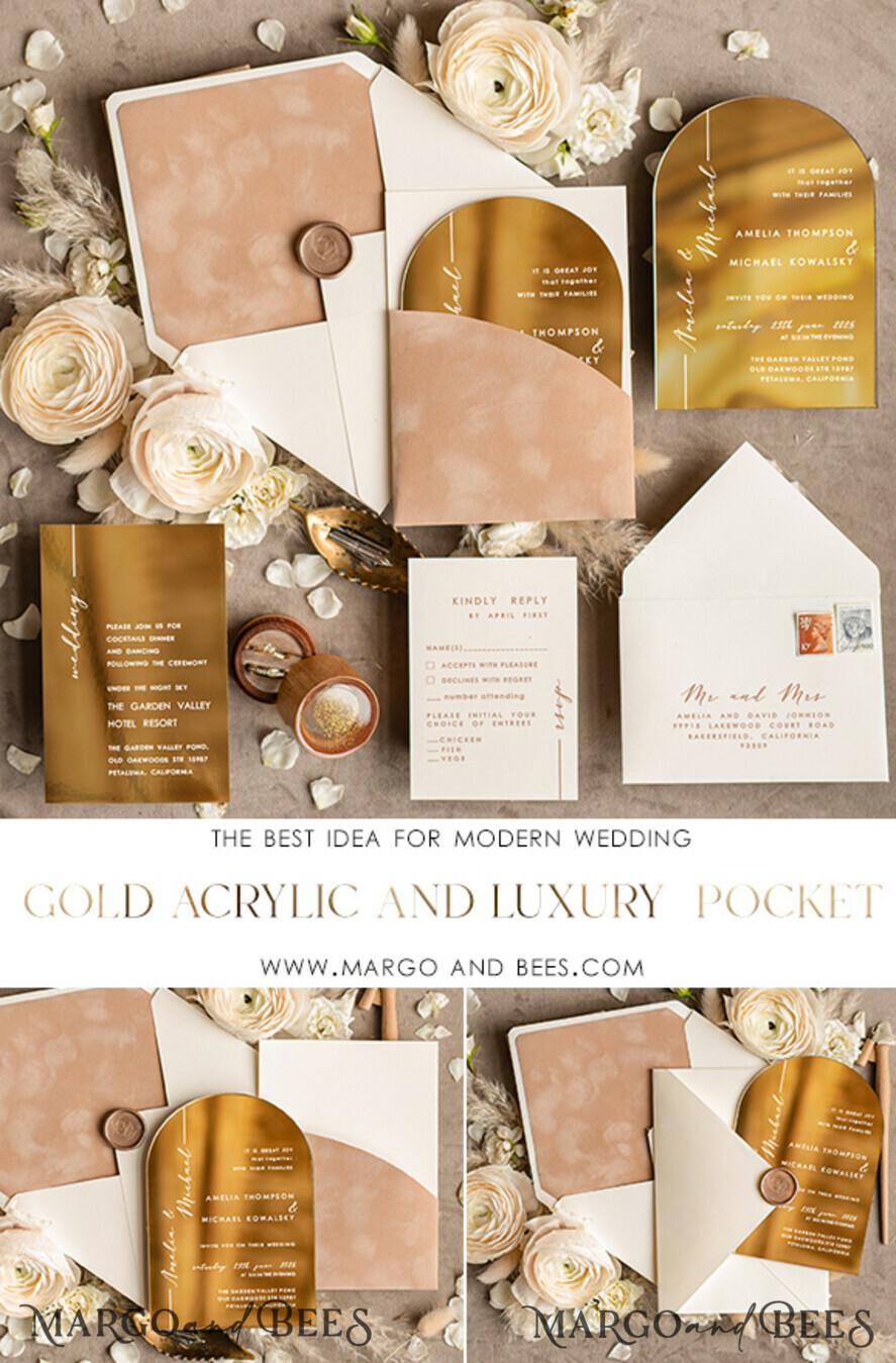 WEDDING INVITATIONS gold / rose gold / silver / glitter Luxury Arch Gold Acrylic wedding invitation suite, Velvet Pocket beige Wedding Invites, Glamour Wedding Invitations