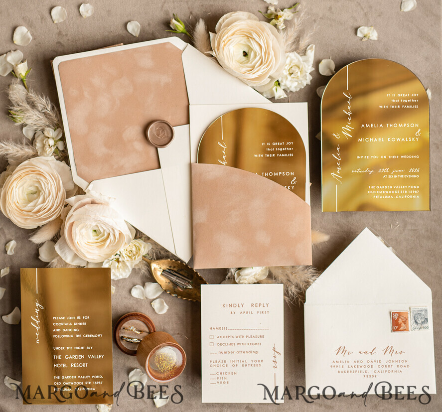 WEDDING INVITATIONS gold / rose gold / silver / glitter Luxury Arch Gold Acrylic wedding invitation suite, Velvet Pocket beige Wedding Invites, Glamour Wedding Invitations