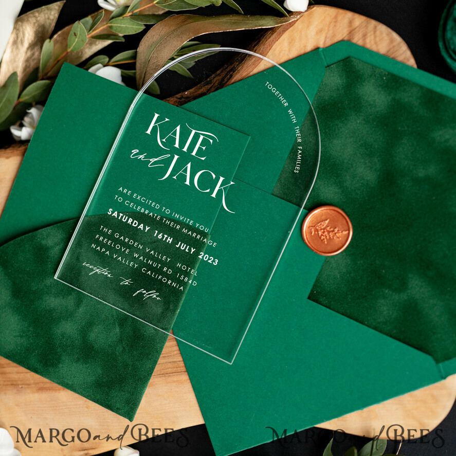 WEDDING INVITATIONS gold / rose gold / silver / glitter Arch Gold Acrylic wedding invitation suite, Velvet Pocket  dark green Wedding Invites, Glamour Wedding Invitations