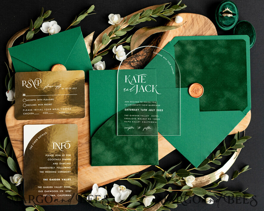 WEDDING INVITATIONS gold / rose gold / silver / glitter Arch Gold Acrylic wedding invitation suite, Velvet Pocket  dark green Wedding Invites, Glamour Wedding Invitations