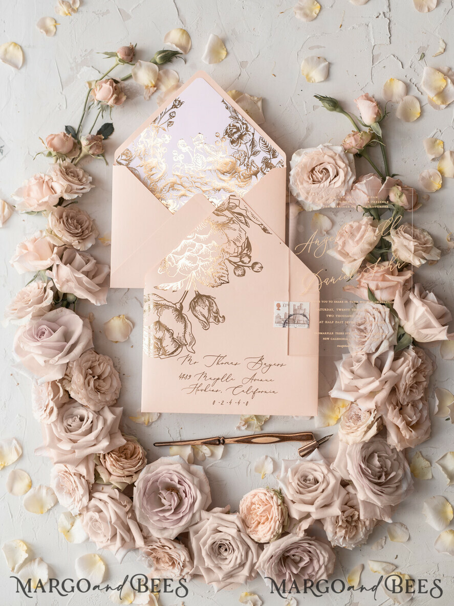WEDDING INVITATIONS gold / rose gold / silver / glitter  Luxury Plexi Acrylic Wedding Invitations, Elegant Blush Pink Wedding Cards, Glamour Gold Foil Wedding Invites, Bespoke White Vellum Wedding Invitation Suite