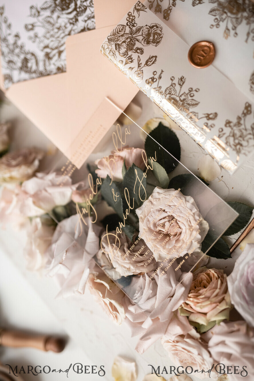 WEDDING INVITATIONS gold / rose gold / silver / glitter  Luxury Plexi Acrylic Wedding Invitations, Elegant Blush Pink Wedding Cards, Glamour Gold Foil Wedding Invites, Bespoke White Vellum Wedding Invitation Suite