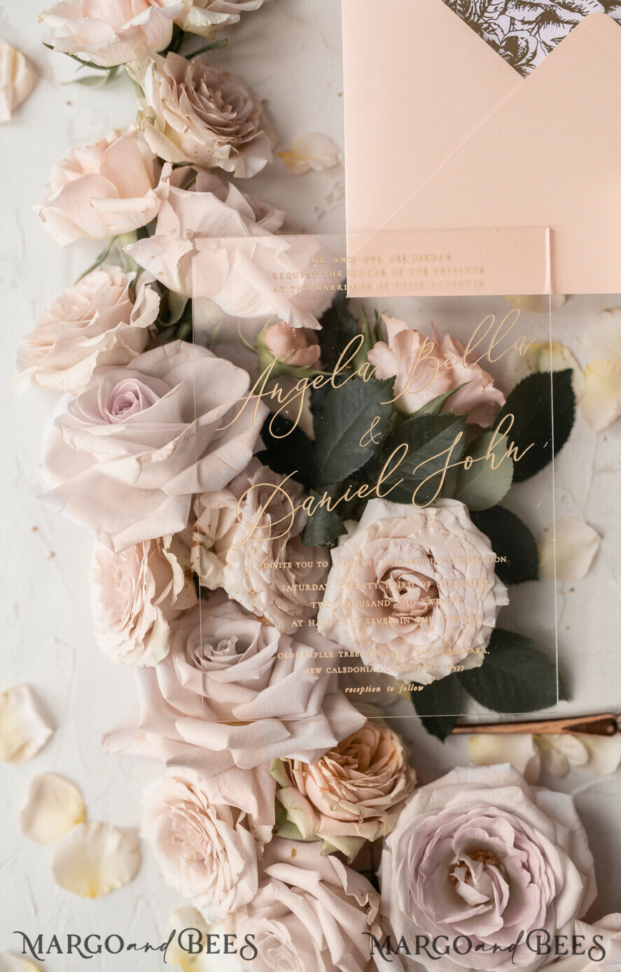 WEDDING INVITATIONS gold / rose gold / silver / glitter  Luxury Plexi Acrylic Wedding Invitations, Elegant Blush Pink Wedding Cards, Glamour Gold Foil Wedding Invites, Bespoke White Vellum Wedding Invitation Suite
