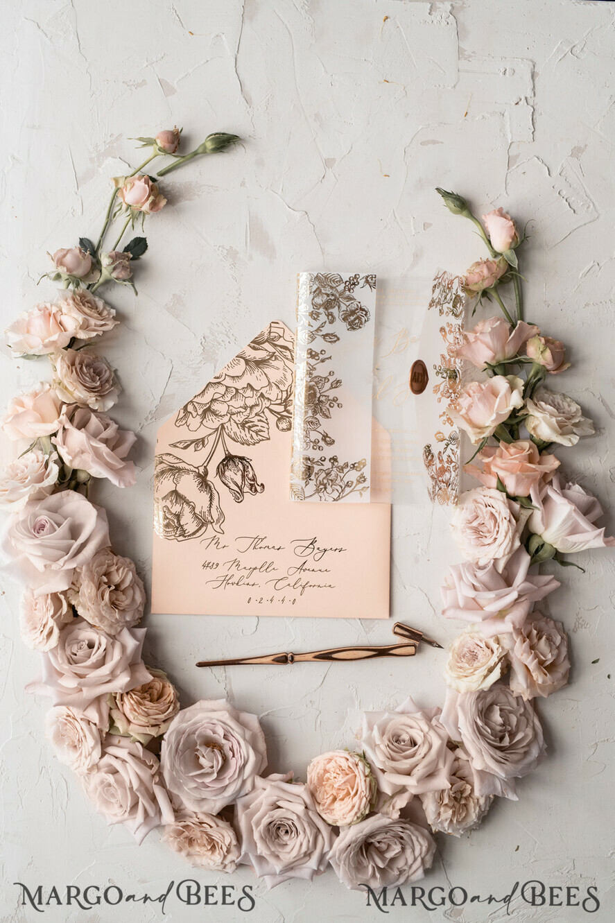 WEDDING INVITATIONS gold / rose gold / silver / glitter  Luxury Plexi Acrylic Wedding Invitations, Elegant Blush Pink Wedding Cards, Glamour Gold Foil Wedding Invites, Bespoke White Vellum Wedding Invitation Suite