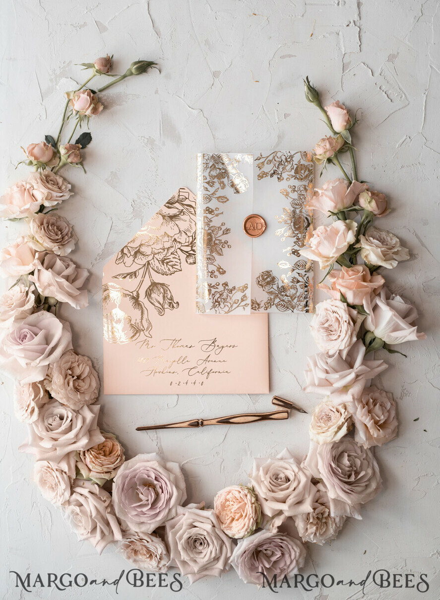 WEDDING INVITATIONS gold / rose gold / silver / glitter  Luxury Plexi Acrylic Wedding Invitations, Elegant Blush Pink Wedding Cards, Glamour Gold Foil Wedding Invites, Bespoke White Vellum Wedding Invitation Suite