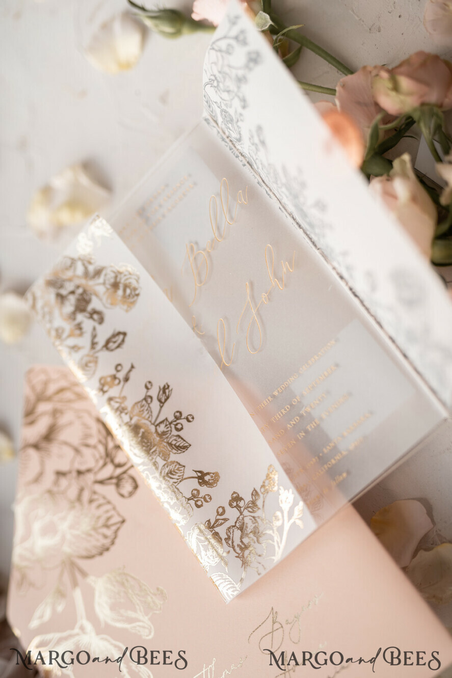 WEDDING INVITATIONS gold / rose gold / silver / glitter  Luxury Plexi Acrylic Wedding Invitations, Elegant Blush Pink Wedding Cards, Glamour Gold Foil Wedding Invites, Bespoke White Vellum Wedding Invitation Suite