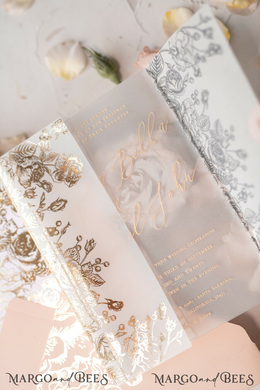 WEDDING INVITATIONS gold / rose gold / silver / glitter  Luxury Plexi Acrylic Wedding Invitations, Elegant Blush Pink Wedding Cards, Glamour Gold Foil Wedding Invites, Bespoke White Vellum Wedding Invitation Suite