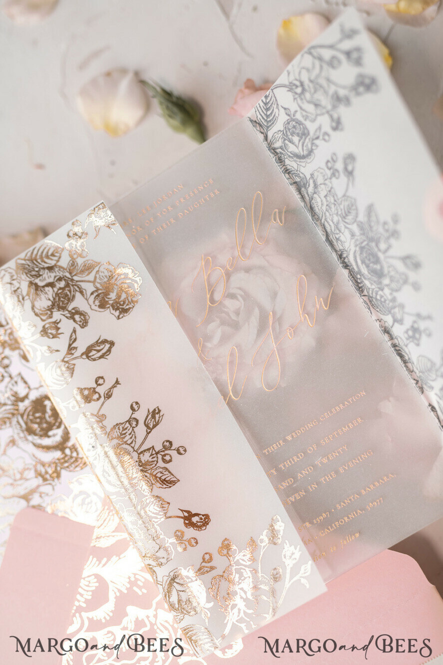 Acrylic wedding invitation with blush envelope lace and vellum wrapper