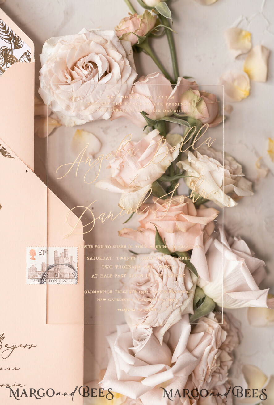 WEDDING INVITATIONS gold / rose gold / silver / glitter  Luxury Plexi Acrylic Wedding Invitations, Elegant Blush Pink Wedding Cards, Glamour Gold Foil Wedding Invites, Bespoke White Vellum Wedding Invitation Suite