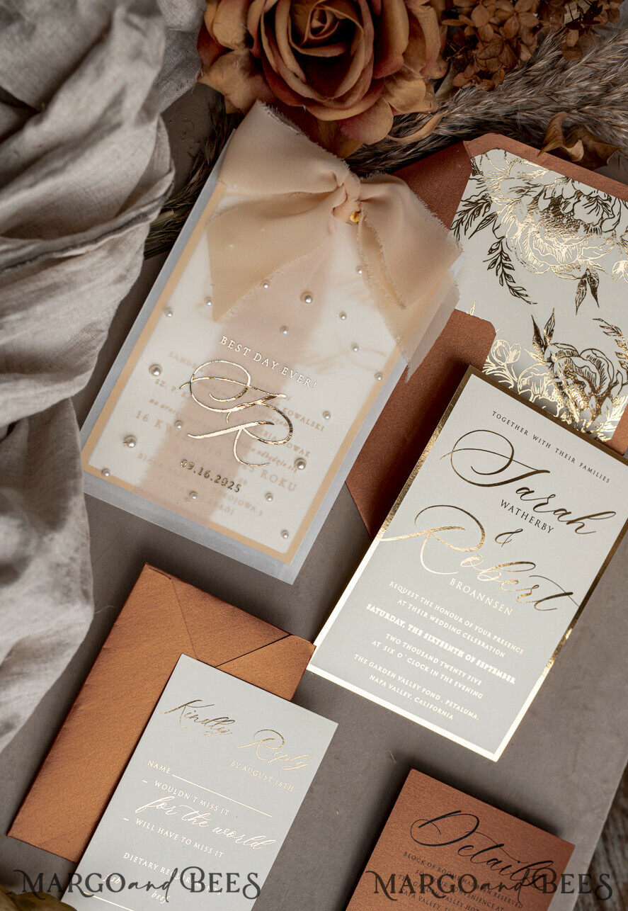 WEDDING INVITATIONS gold / rose gold / silver / glitter terracotta Chiffon bow beaded bespoke Elegant Burnt orange Gold Wedding Invitation Suite, White Perls Golden Wedding Cards, Boho golden folder Wedding Stationery, Vellum etui with monogram