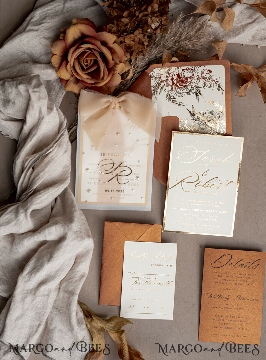 WEDDING INVITATIONS gold / rose gold / silver / glitter terracotta Chiffon bow beaded bespoke Elegant Burnt orange Gold Wedding Invitation Suite, White Perls Golden Wedding Cards, Boho golden folder Wedding Stationery, Vellum etui with monogram