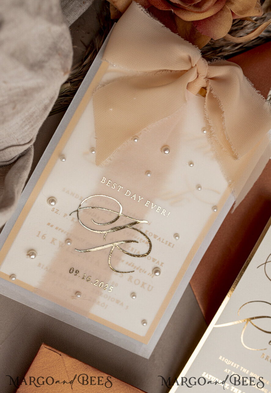 WEDDING INVITATIONS gold / rose gold / silver / glitter terracotta Chiffon bow beaded bespoke Elegant Burnt orange Gold Wedding Invitation Suite, White Perls Golden Wedding Cards, Boho golden folder Wedding Stationery, Vellum etui with monogram