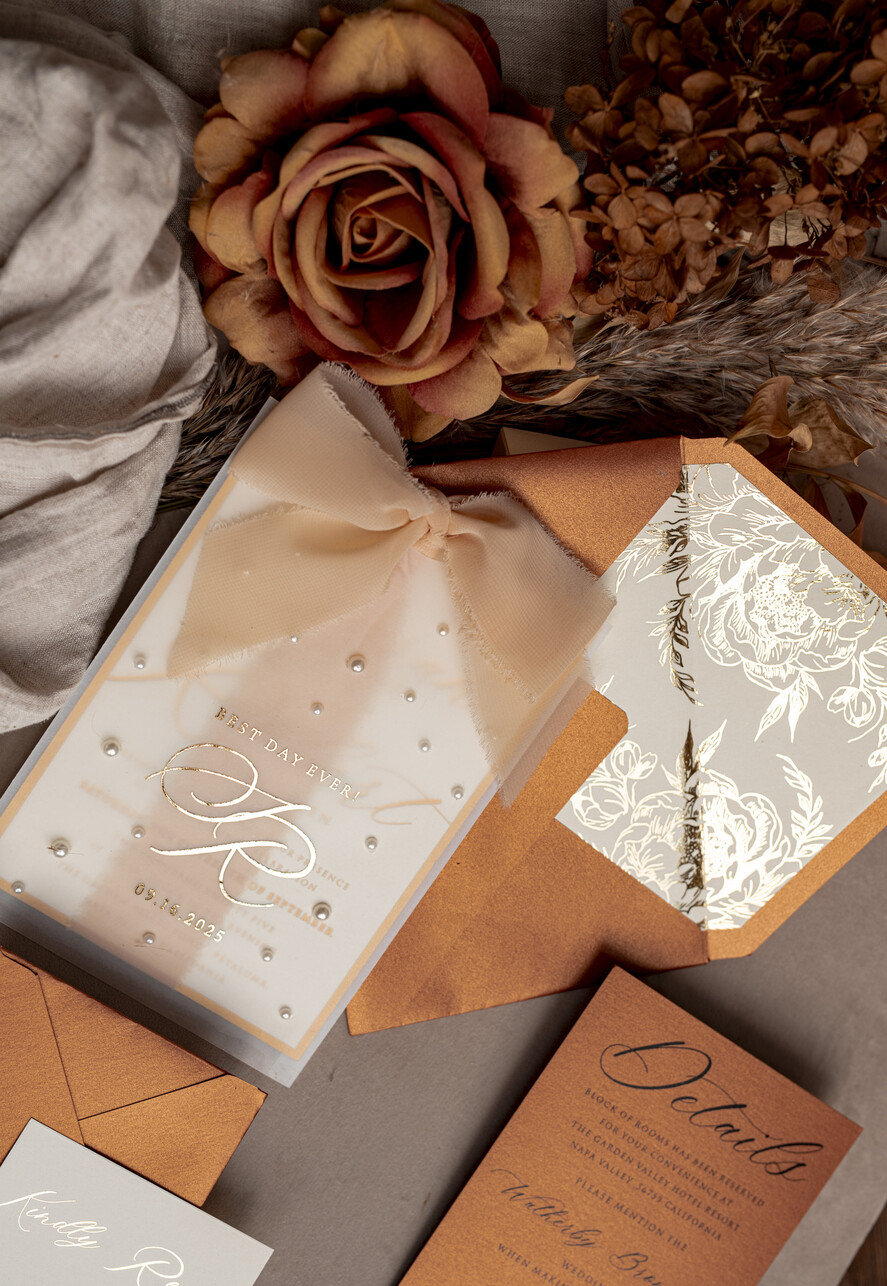 WEDDING INVITATIONS gold / rose gold / silver / glitter terracotta Chiffon bow beaded bespoke Elegant Burnt orange Gold Wedding Invitation Suite, White Perls Golden Wedding Cards, Boho golden folder Wedding Stationery, Vellum etui with monogram