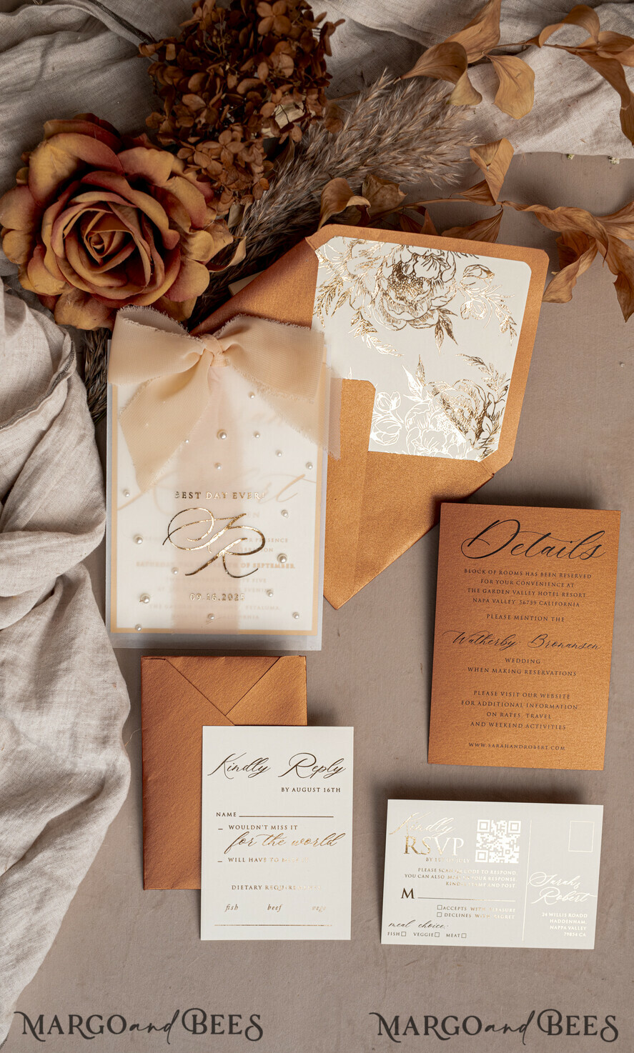 WEDDING INVITATIONS gold / rose gold / silver / glitter terracotta Chiffon bow beaded bespoke Elegant Burnt orange Gold Wedding Invitation Suite, White Perls Golden Wedding Cards, Boho golden folder Wedding Stationery, Vellum etui with monogram