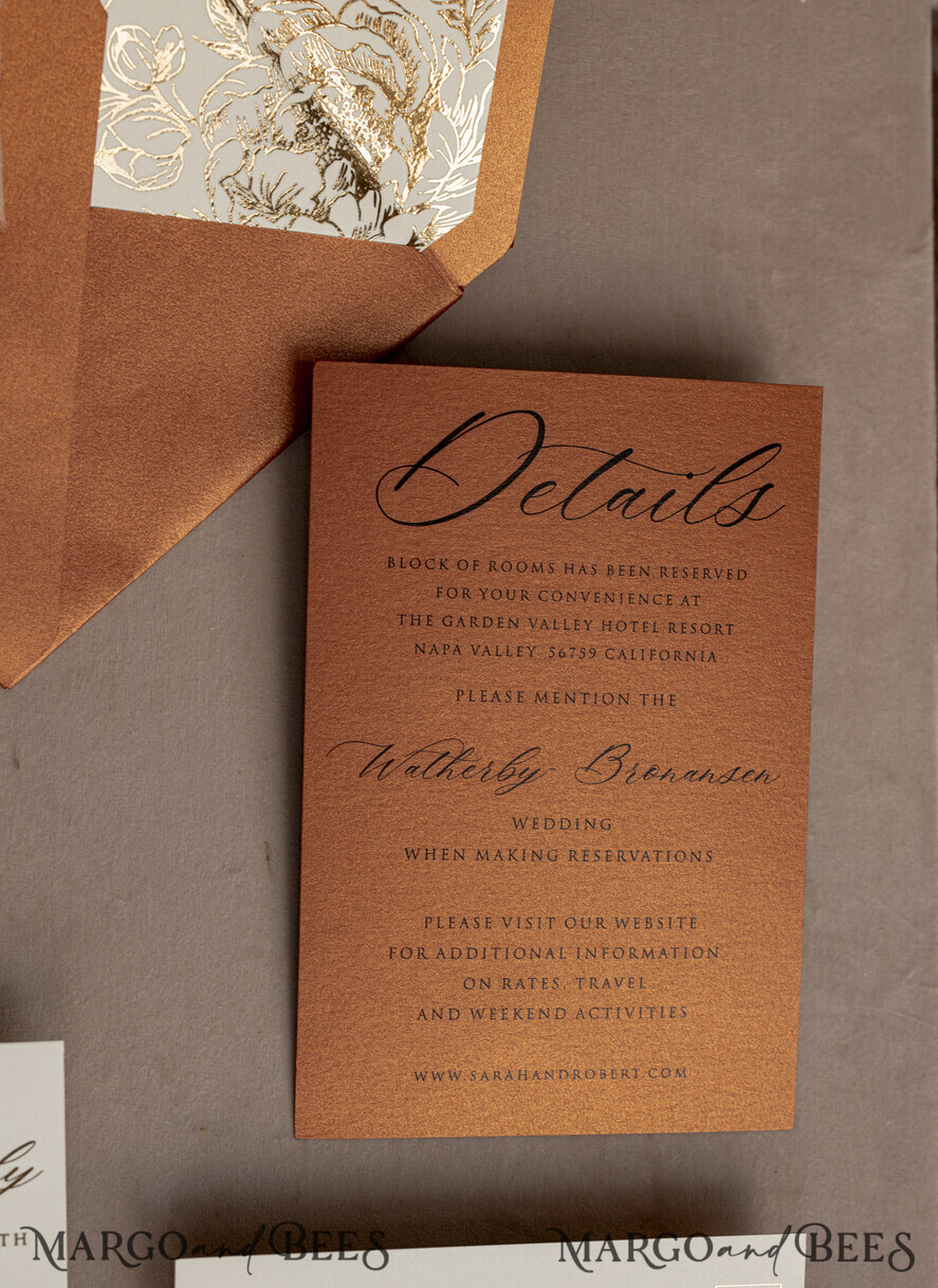 WEDDING INVITATIONS gold / rose gold / silver / glitter terracotta Chiffon bow beaded bespoke Elegant Burnt orange Gold Wedding Invitation Suite, White Perls Golden Wedding Cards, Boho golden folder Wedding Stationery, Vellum etui with monogram