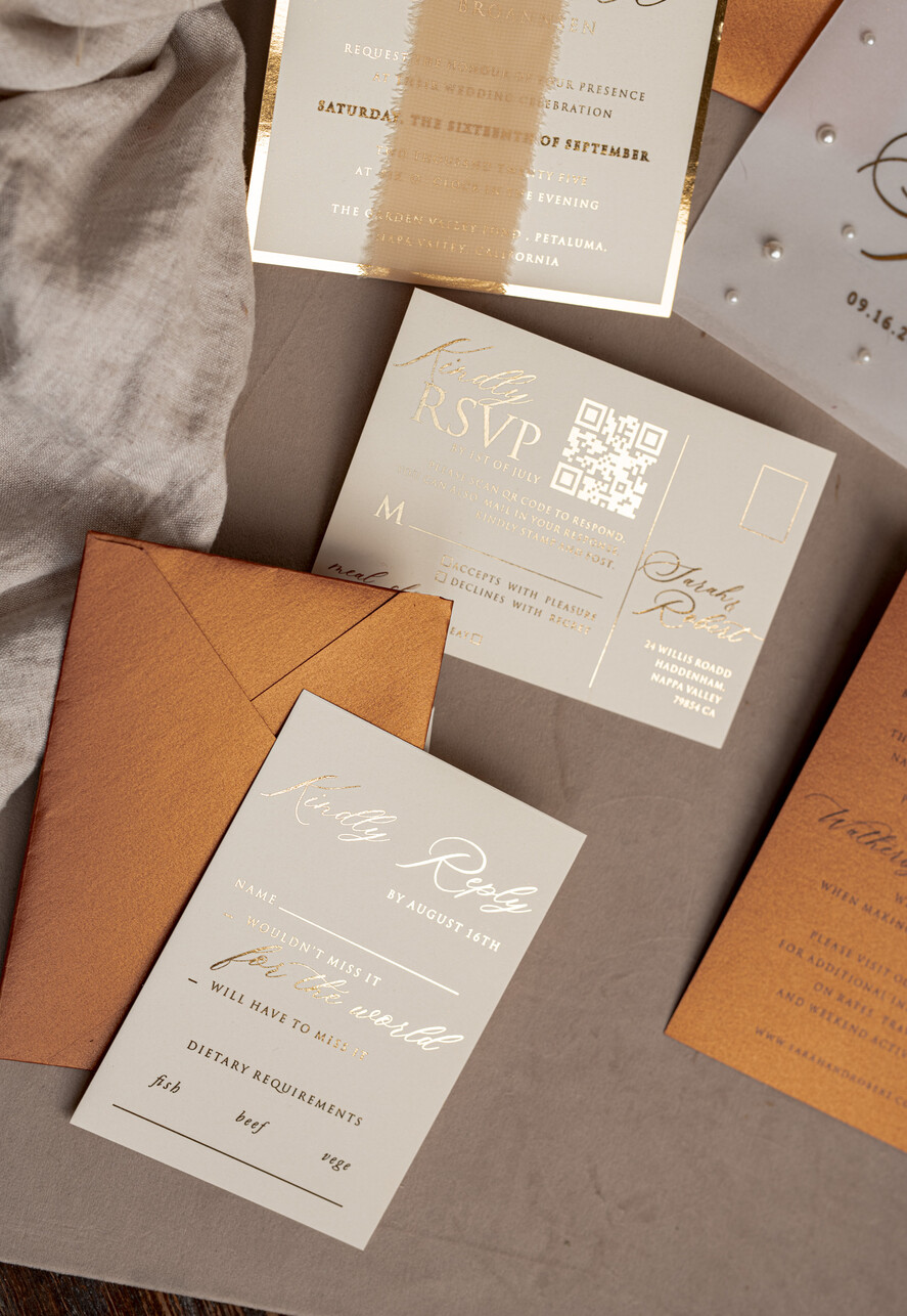 WEDDING INVITATIONS gold / rose gold / silver / glitter terracotta Chiffon bow beaded bespoke Elegant Burnt orange Gold Wedding Invitation Suite, White Perls Golden Wedding Cards, Boho golden folder Wedding Stationery, Vellum etui with monogram